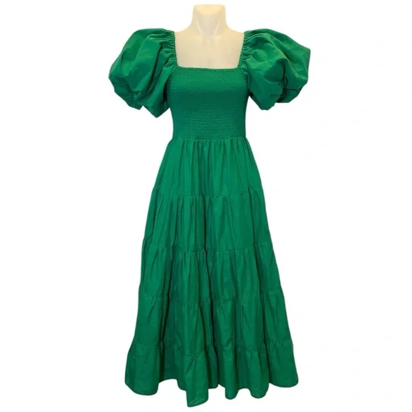 PETAL & PUP new Morgan Annette Green Shirred A-Line Puff Sleeve Tier Dress NWOT - Picture 7 of 15